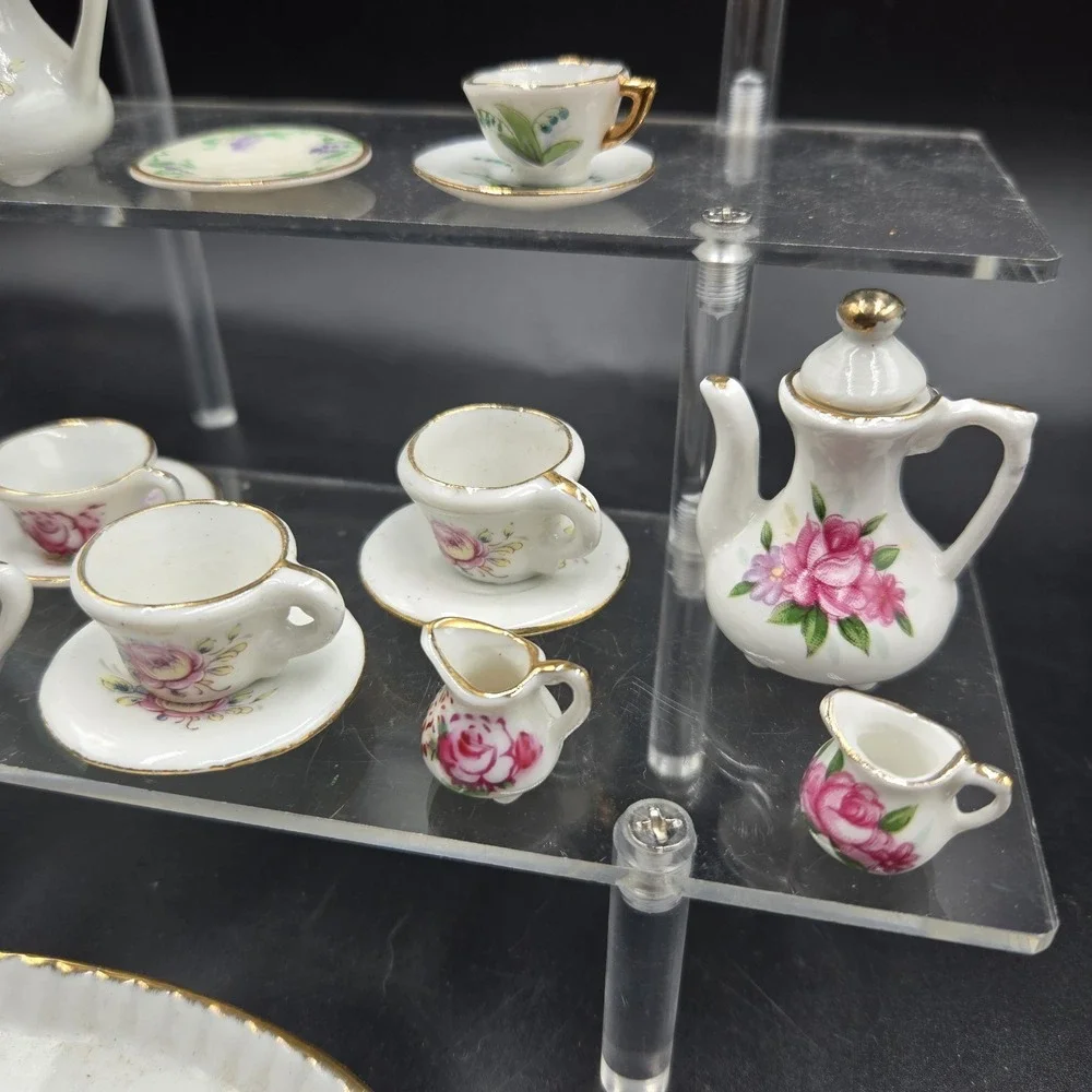 Vtg Miniature Ceramic Tea Set 22pc Pink Floral Rose w Gold Trim EXC Super Tiny